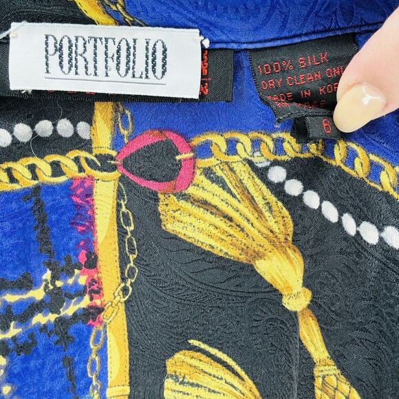 Vintage 90's Purple 100% Silk Chainlink Button Down Longsleeve Blouse M - Picture 3 of 3